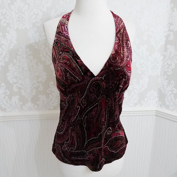 Cache Tops - Cache Burgundy Velvet Halter Top